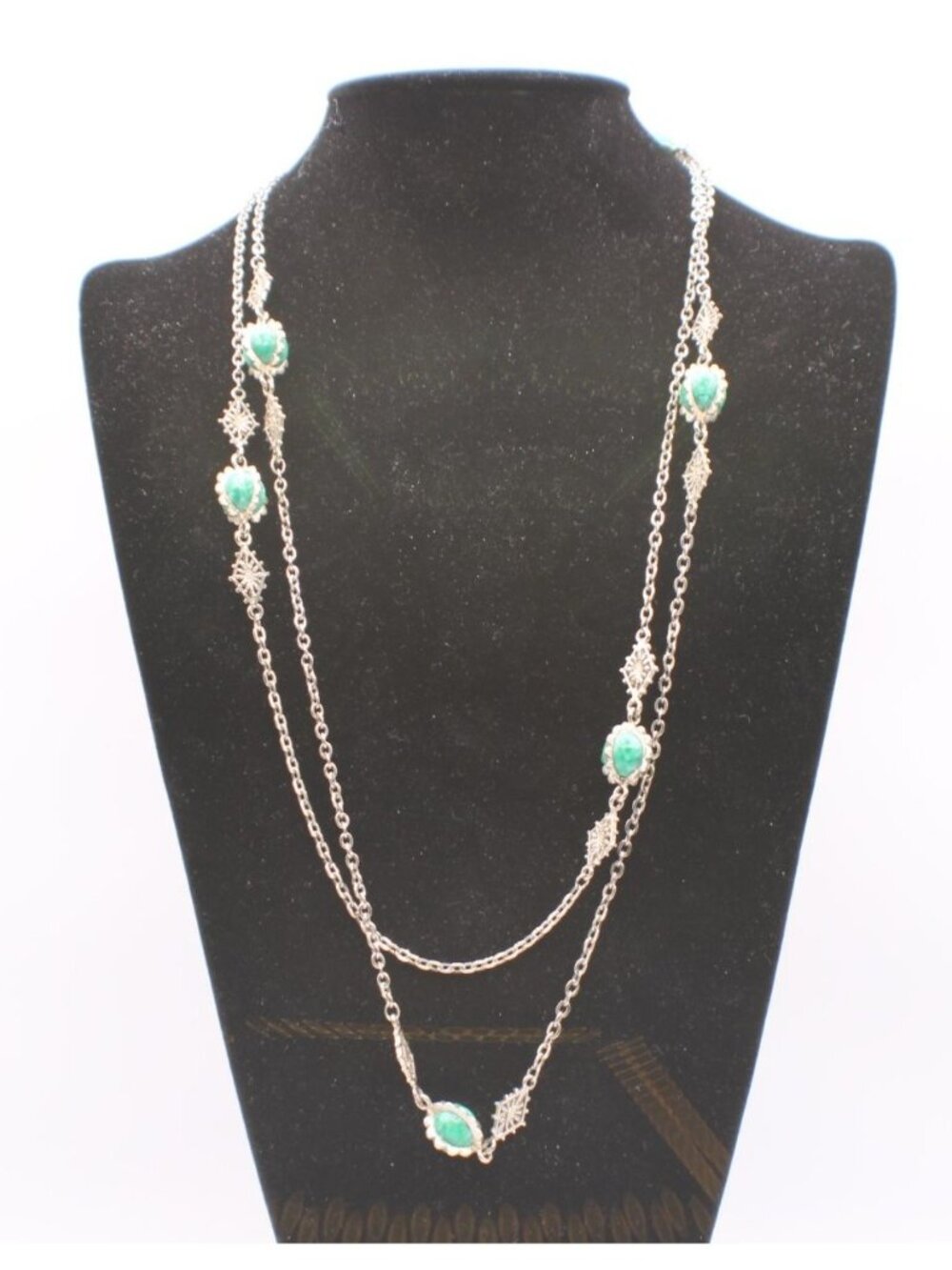 Vintage Silver Filigree Turquoise Round Gemstones Festoon Long Necklace 24"